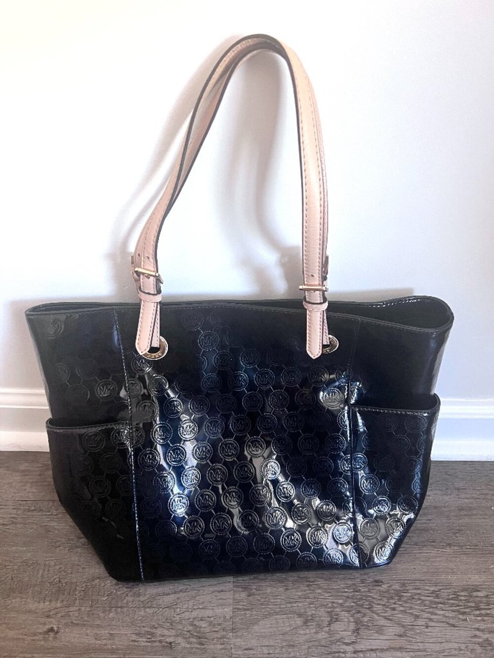 Michael Kors Black Signature MK Logo Patent Leather Large Tote Bag